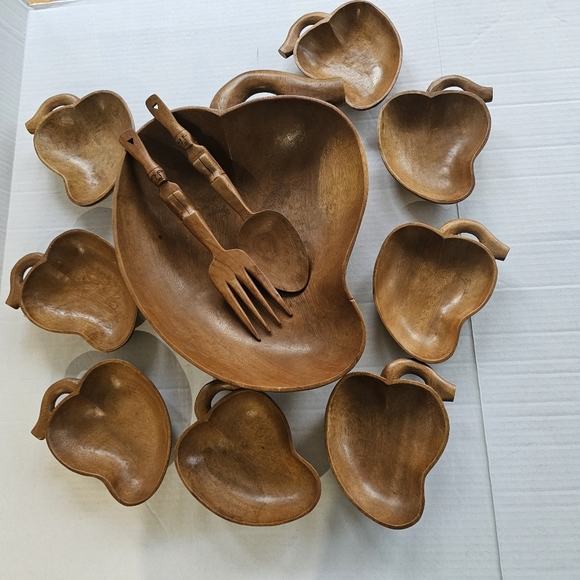 Vintage wooden pepper shape salad bowl set 11 pieces carved MCM - Picture 1 of 16
